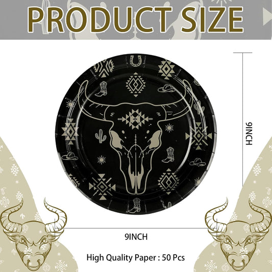 Grencian 50Pcs Bull Skull Decorations 9in Heavy Duty Disposable Western Cow Skull Desert Paper Plates For Southwestern Cowboy Party Supplies