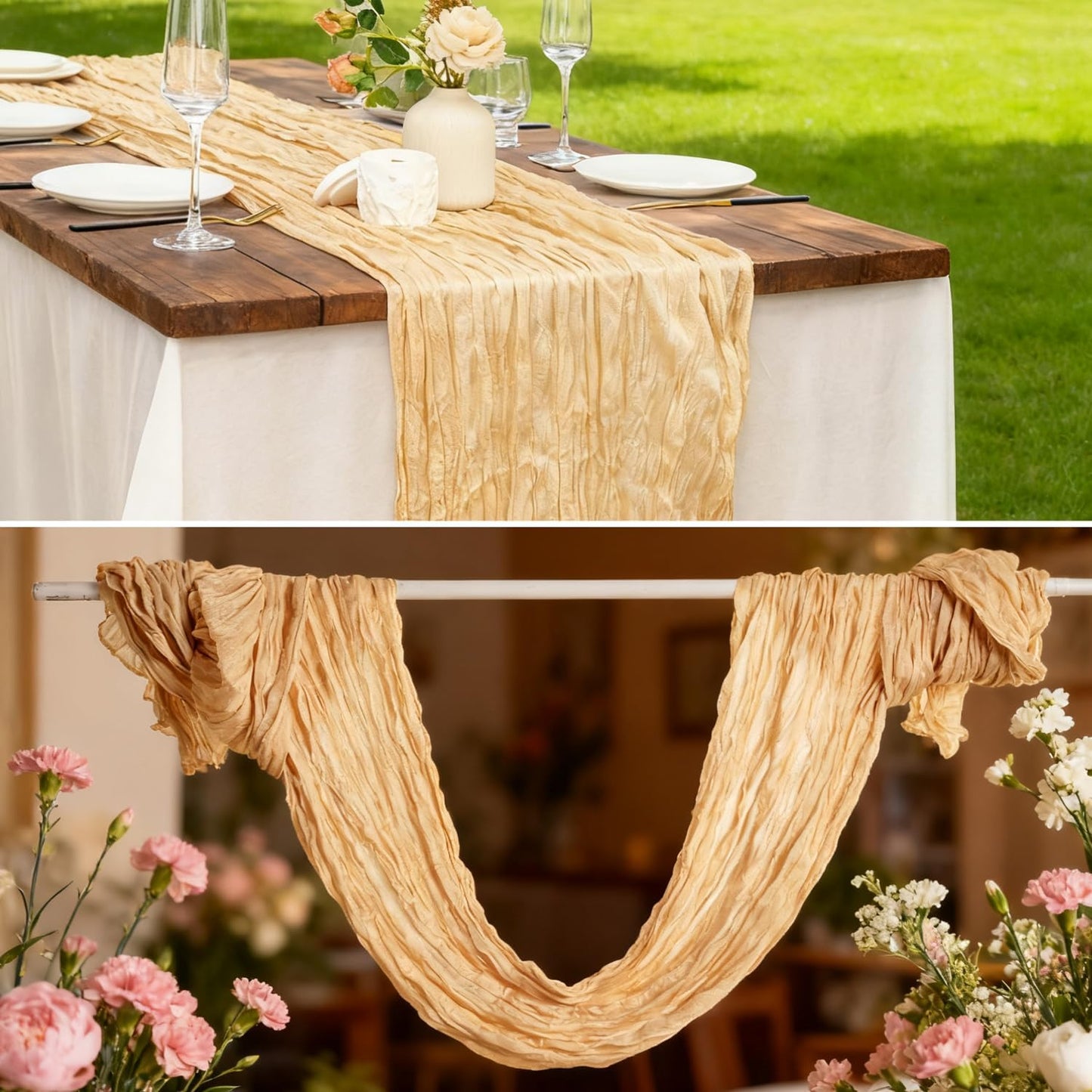 6 Pack Beige Cheesecloth Table Runner 120 Inch Boho Gauze Table Runner Long Sheer Fabric for Wedding Birthday Party Baby Shower Centerpiece Decoration