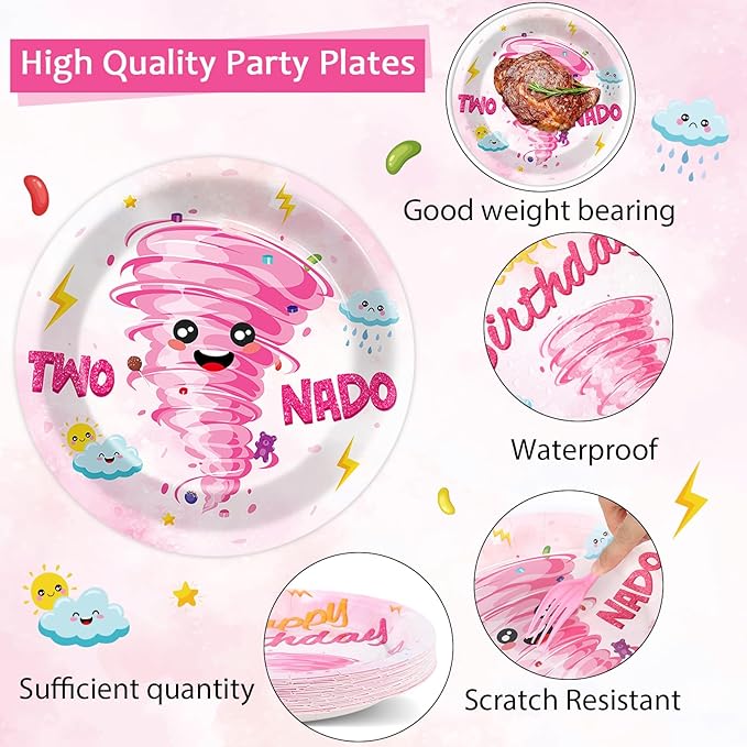 96Pcs Two Nado Party Supplies Pink Two Nad Disposable Paper Plates Napkins 2nd Birthday Decorations Girls 2 Year Old Birthday Dinnerware Party Favor Baby Tableware Serves 24