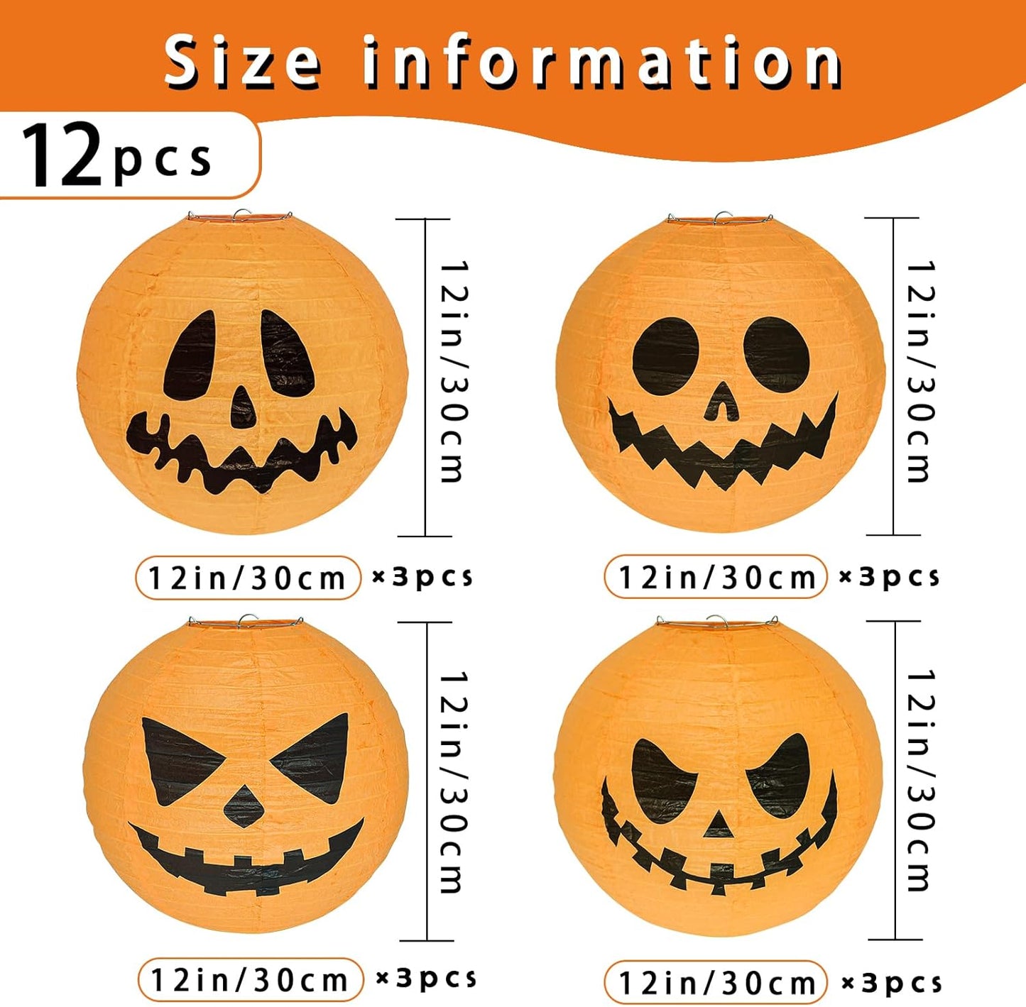 12 Inches 12 Pack Halloween Jack-O-Lantern Paper Lanterns , Halloween Pumpkin Hanging Paper Lantern for Home Outdoor Decoration Party , Multi-Style