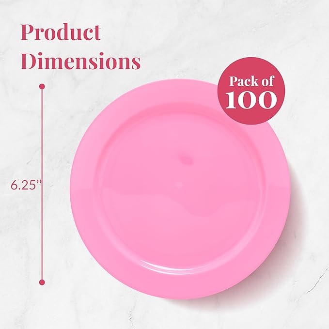Prestee Pink Plastic Plates 6.25" – 100 Pack Disposable Party Plates for Wedding, Events, Parties – Elegant Pink Plastic Plates for Party, Fancy Disposable Dinnerware for Desserts, Salad