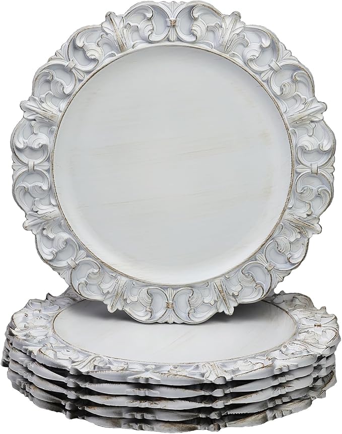 13" Antique White Charger Plates, Set of 6 Plastic Textured Chargers for Dinner Plates with Embossed Rim, Table Décor, Party, Wedding, Holiday