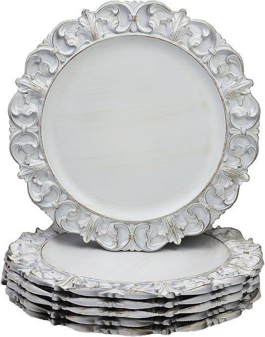 13" Antique White Charger Plates, Set of 6 Plastic Textured Chargers for Dinner Plates with Embossed Rim, Table Décor, Party, Wedding, Holiday