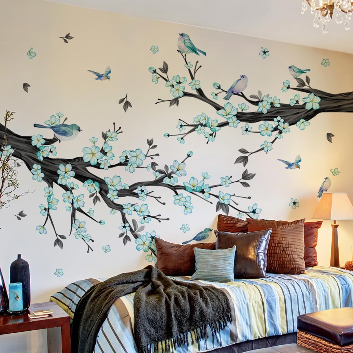 Large Blue Cherry Blossom Branch Wall Decals Flower Bird Blue Floral Tree Branch Wall Stickers for Living Room Bedroom, 76.37x65.35 inches