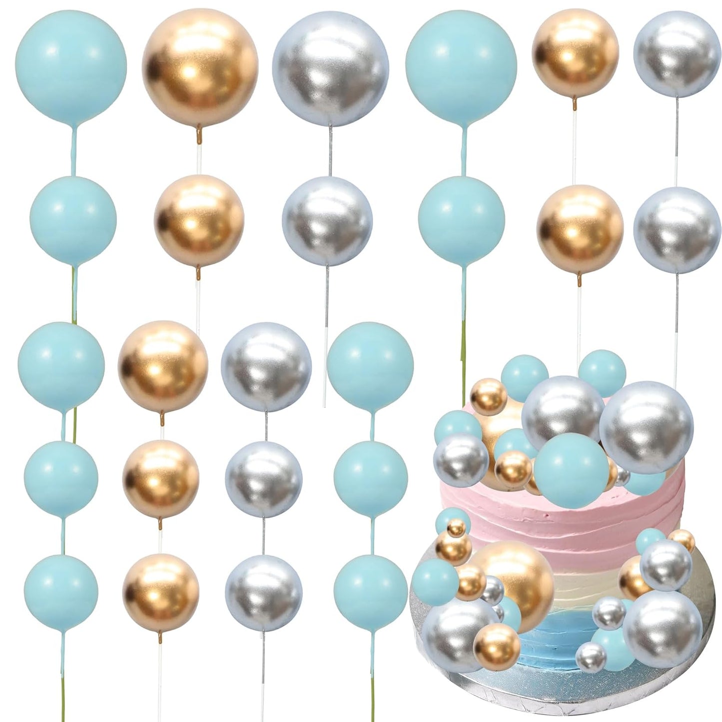 Gyufise 30Pcs Mini Balloon Cake Topper Foam Ball Cake Picks Decorations Faux Pearl Balls DIY Cake Topper Decoration for Baby Shower Wedding Anniversary Birthday Party Supplies Gold Silver Blue