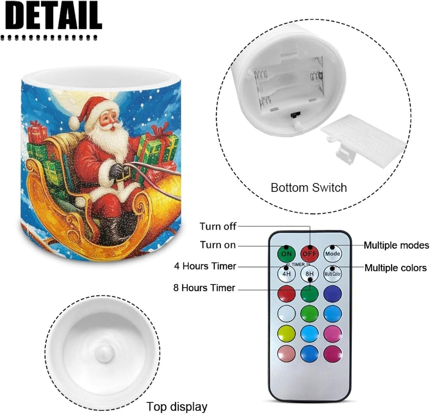 Poceacles 4 PCS Christmas Decoration Flameless LED Candles with Remote and Timer, Battery Powered, Realistic Electric LED Candles for Weddings Parties Home Decor, Santa Claus Sleigh Pattern