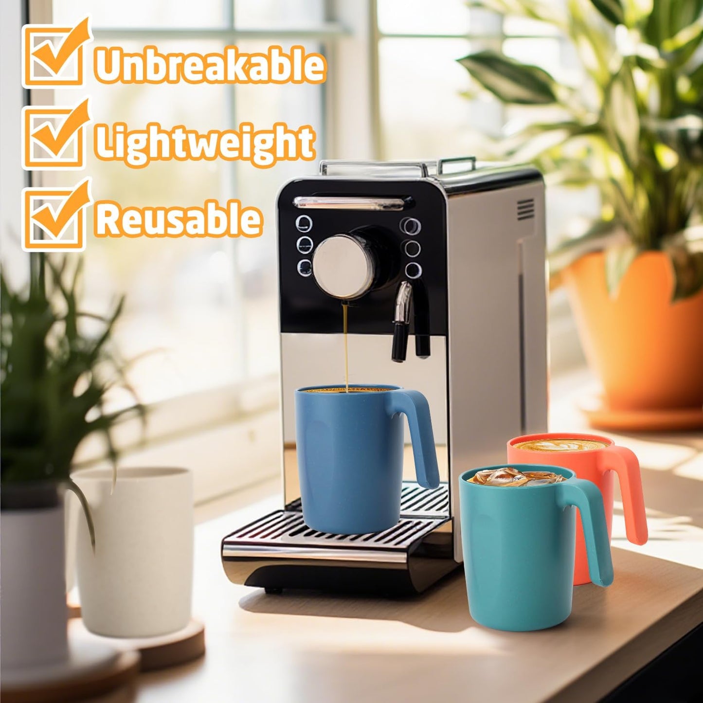 Wheat Straw Coffee Mugs Set of 6, Plastic Coffee Mugs 16 OZ, Microwave and Dishwahser Safe Plastic Cups with Handles, Unbreakable coffee Mugs for Camping, Tea, Kitchen, RV - Multicolor