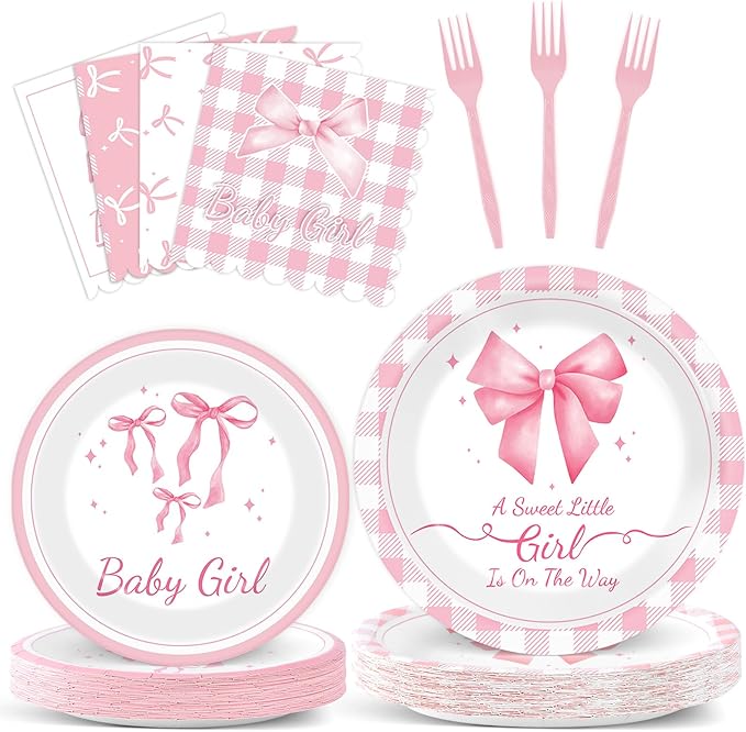 96Pcs Pink Bow Baby Shower Party Supplies Girl Bow Paper Plates Napkins Coquette Baby Girl Shower Party Decorations Dinnerware Favor Girls Bowknot Coquette Decor Dinnerware Favor Tableware Serves 24