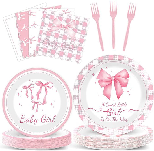 96Pcs Pink Bow Baby Shower Party Supplies Girl Bow Paper Plates Napkins Coquette Baby Girl Shower Party Decorations Dinnerware Favor Girls Bowknot Coquette Decor Dinnerware Favor Tableware Serves 24