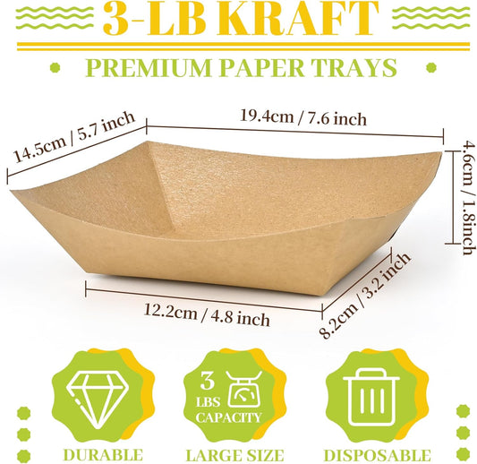 Ocmoiy 3lb Paper Food Trays, 100 Pack Heavy Duty Food Boats Holders Disposable Serving Basket Trays for Nachos, Tacos, Fries, Hot Dog, Corn, BBQ, Festivals, Party