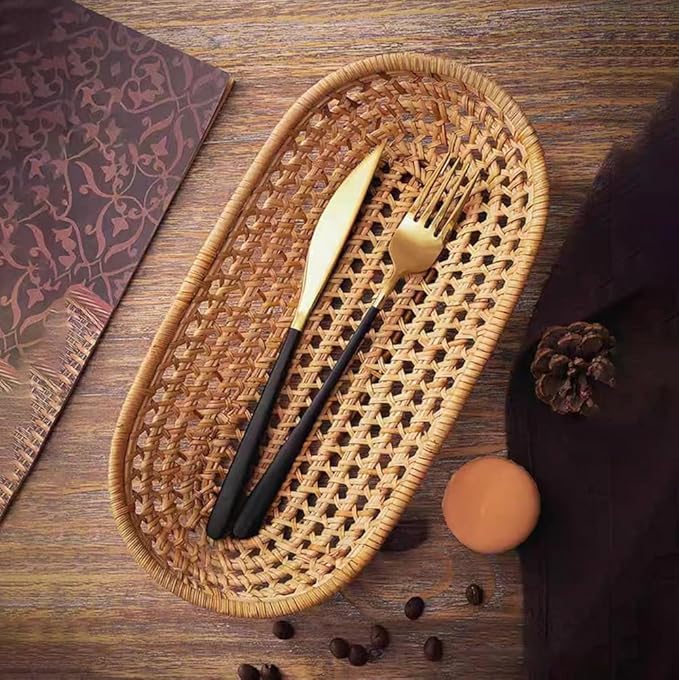 RT&BS Handwoven Utensil Basket, Small Rattan Bread Basket, Handwoven Narrow Baskets for Storing Flatware, Baguettes, Snack, Fruits at Home or Party (Honey Brown, Oval)