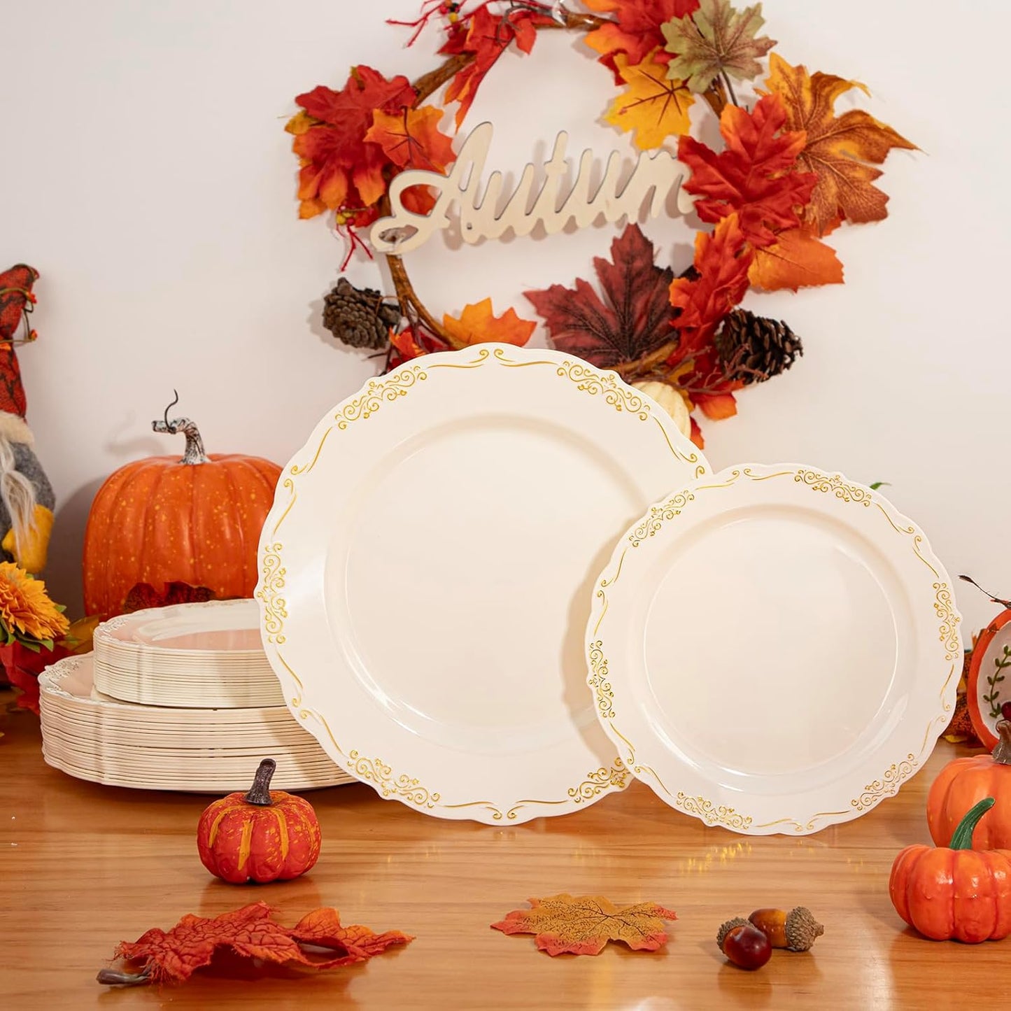 U-QE 100 PCS Ivory Thanksgiving Plastic Plates with Gold Rim - Gold Plastic Plates for Thanksgiving - Heavy Duty Disposable Use Including 50 10 '' & 50 7.5 ''