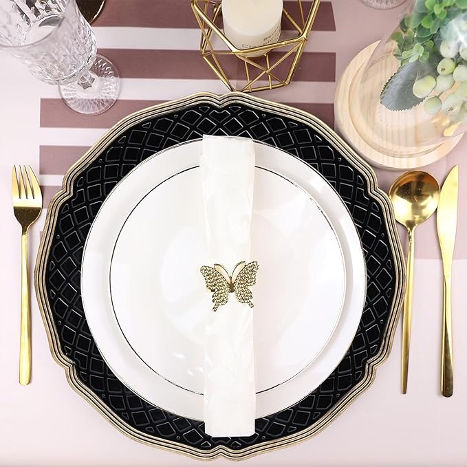 Black Scallop Charger Plate, Set of 6 Plastic Wedding Bulk Plate Charges for Dinner Plates, Table Decoration, Holiday, Thanksgiving, Christmas.