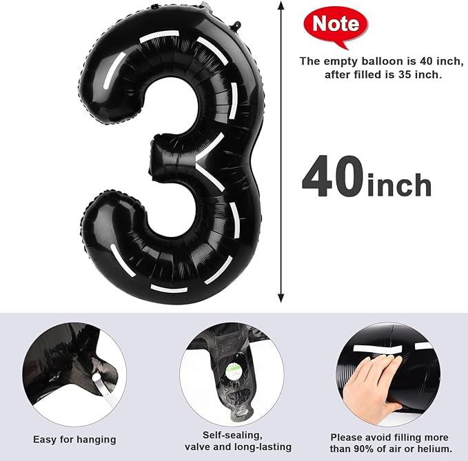 Numbers Balloon 3, 40 Inch Large Line Black Balloon for Three Year Old Birthday Decor, 3 13 30 31 Birthday Party Decorations for Wedding Supplies
