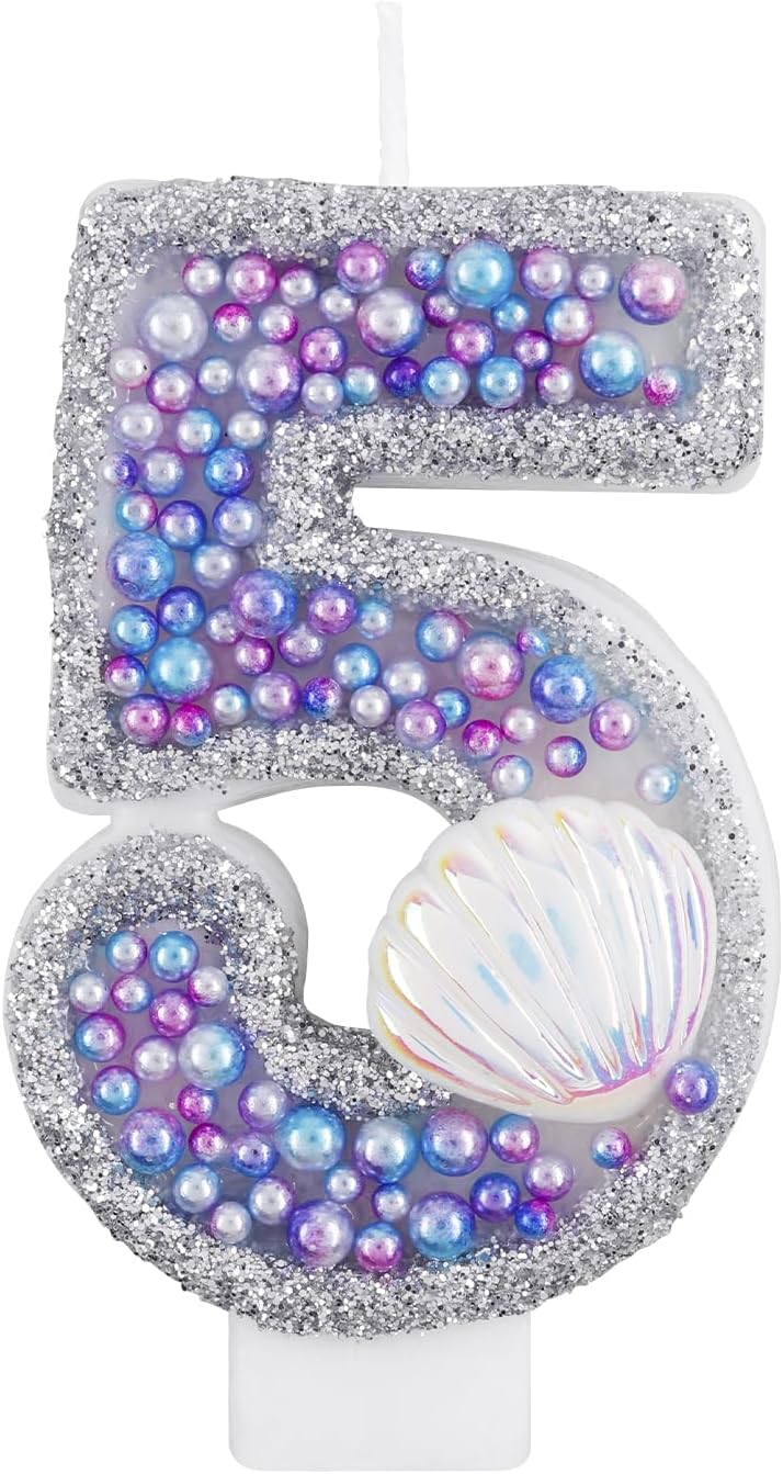 Girls Glitter 5 Birthday Number Candle, Pink Shell Sequins Blue Purple Pearls Number Birthday Candles for Boys Girls Birthday Cakes Mermaid Themed Birthday Decorations Party Supplies Number 5 Candle