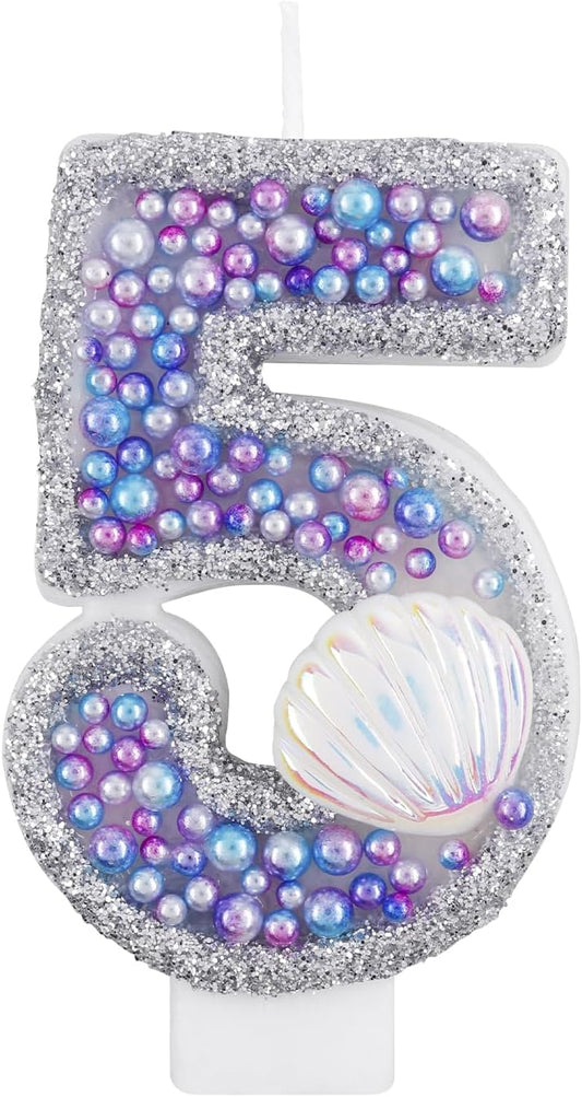 Girls Glitter 5 Birthday Number Candle, Pink Shell Sequins Blue Purple Pearls Number Birthday Candles for Boys Girls Birthday Cakes Mermaid Themed Birthday Decorations Party Supplies Number 5 Candle
