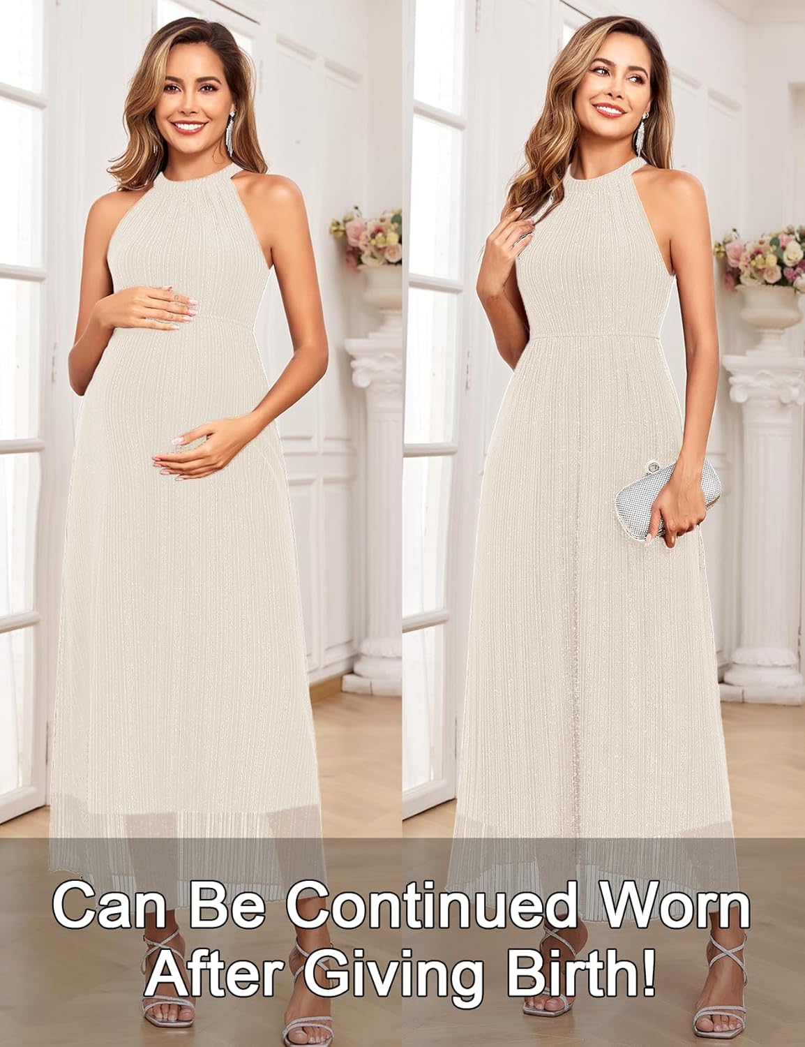 Maternity Sparkly Mesh Dress Halter Neck Sleeveless A Line Pregnancy Dresses Semi Formal Baby Shower Photoshoot
