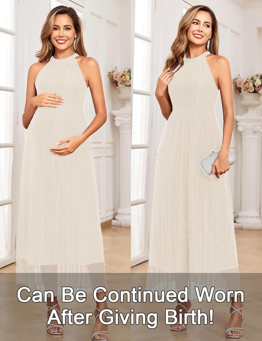 Maternity Sparkly Mesh Dress Halter Neck Sleeveless A Line Pregnancy Dresses Semi Formal Baby Shower Photoshoot