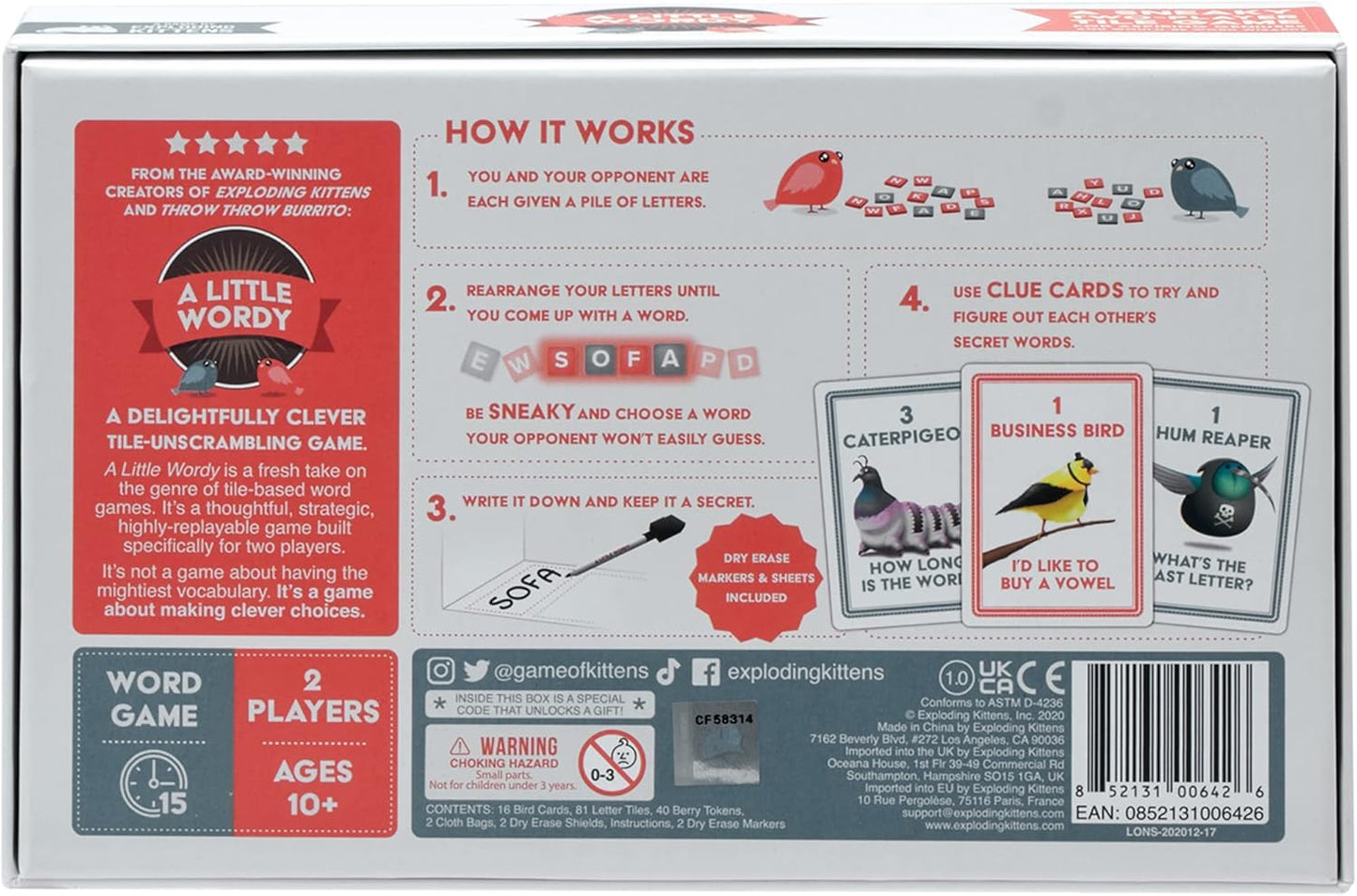 Exploding Kittens A Little Wordy 2 Players - Ages 10+ - 15 Minutes to Play - Letter Tile Word Game - Couples Game, Date Night Game, Adult and Teen Board Game