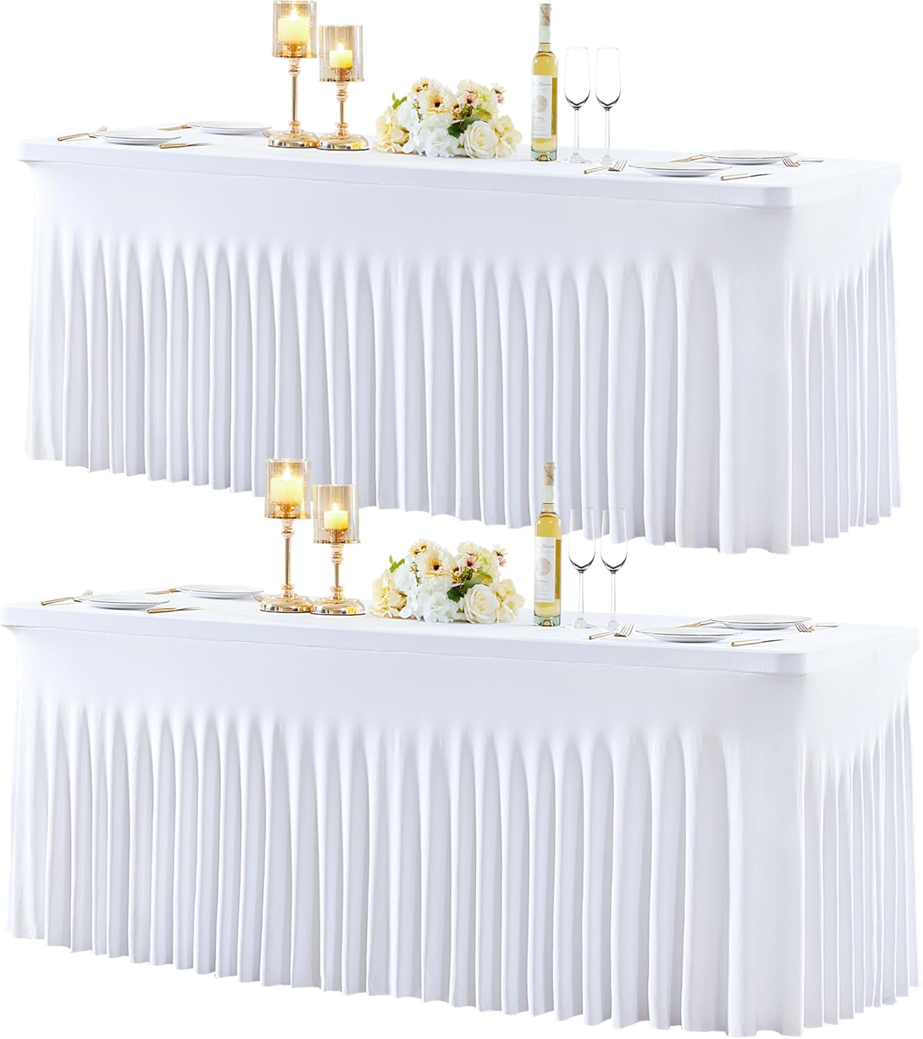 2 Pack Spandex White Fitted Table Cloth for 8ft Rectangle Tables White Stretch Tablecloth Table Covers Banquet Table Clothes Wrinkle Free Table Skirt for Parties Wedding