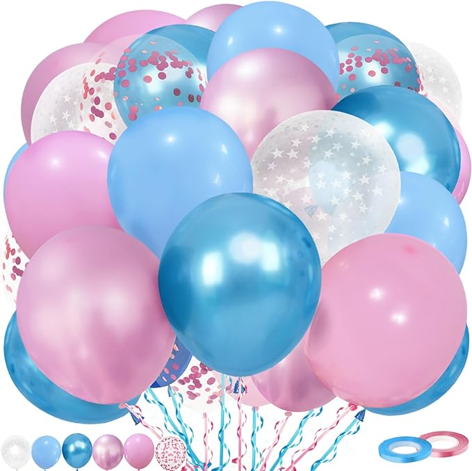 Gender Reveal Pink and Blue Balloons Set, 60 Piece 12 Inch Macaron Confetti Star Pattern Balloons with Ribbon for Birthday Wedding Baby Party Decorations