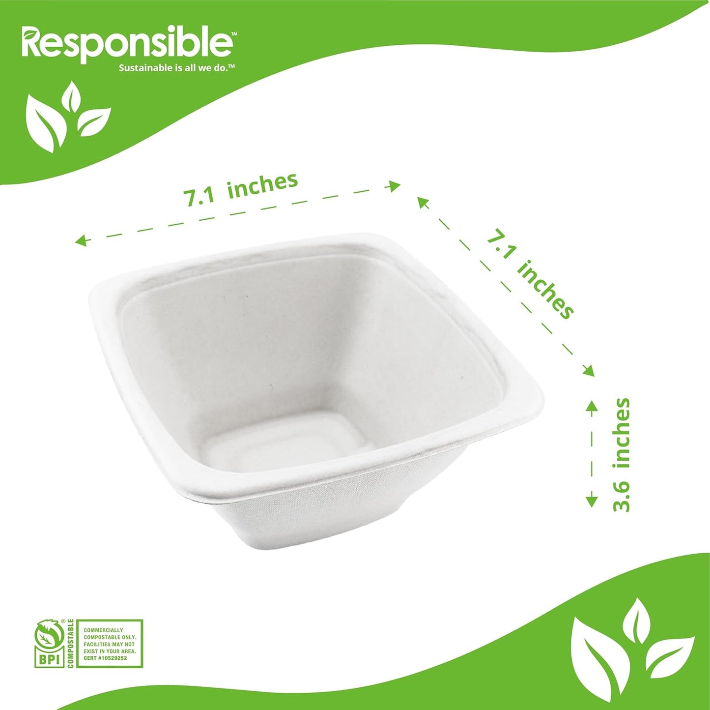 100% Compostable Square Serving Bowls, 48 oz Disposable Paper Bowls, Microwave Safe, Freezer Safe, Soup Safe, No Plastic, Eco-Friendly, Tree-Free, No PFAS. White (50 Count)