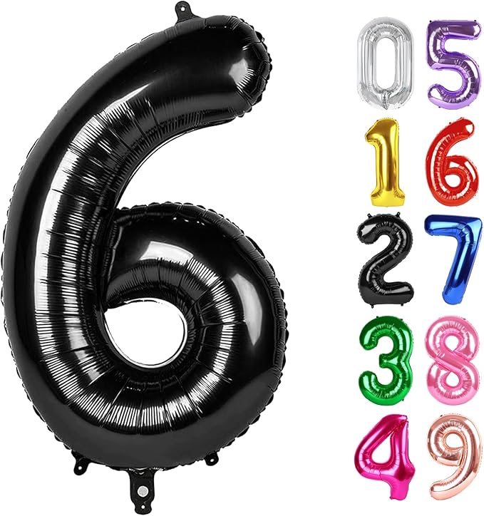 Black Number 6 Balloon 40 Inch, 6th Birthday Party Decorations for Children, Giant 6 Foil Balloon for Party Supplies