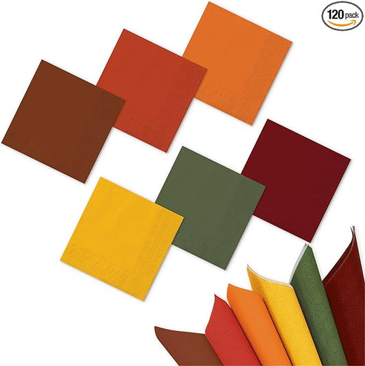 Whaline 120Pcs Fall Colors Cocktail Napkin Autumn Brown Orange Green Beverage Luncheon Paper Napkins 2 Ply for Thanksgiving Home Party Table Decor, 6 Colors