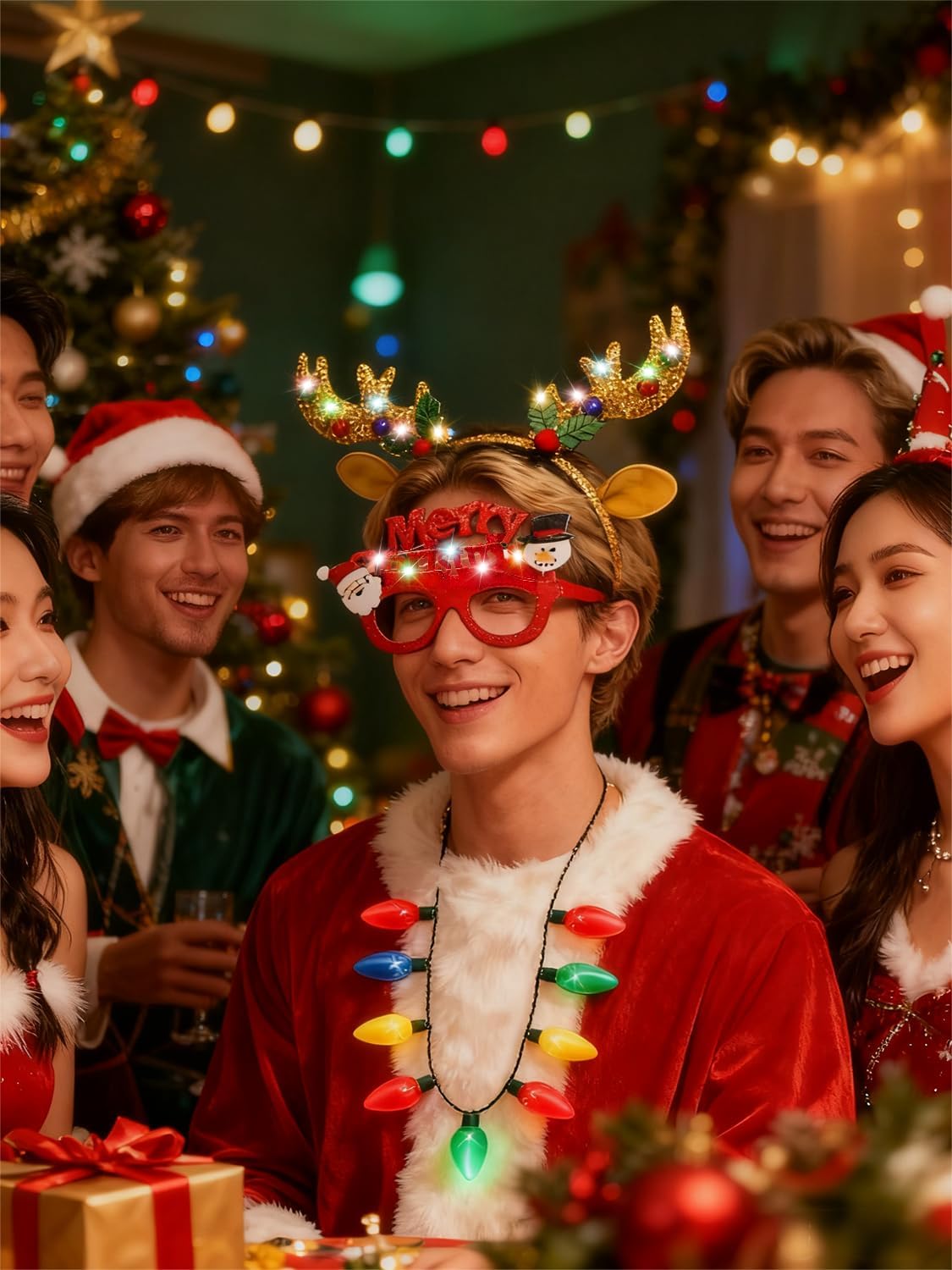 3 Pack Christmas Necklace Light Up Antlers Headband Glasses,Party Favors Accessories Stocking Stuffers