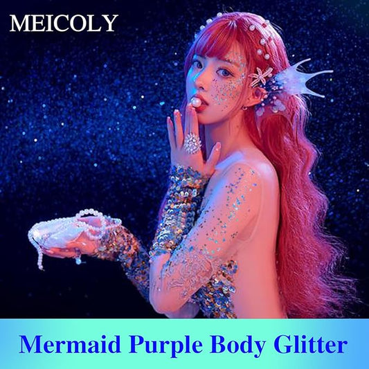MEICOLY Light Purple Hair Glitter,Holographic Chameleon Purple Mermaid Face Glitter,Self-Adhesive Glitter Face Paint,Mardi Gras Outfit for Women,Rave Glitter Makeup Sparkle Chunky for Festival