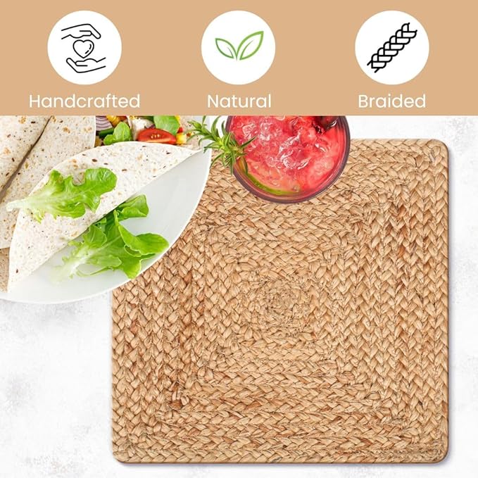 Jute Braided Placemats Set of 4-100% Jute Nonslip 14x14 inch Square Farmhouse Vintage Placemats for Dining Table - Perfect for Indoor Outdoor Natural Jute Placemats