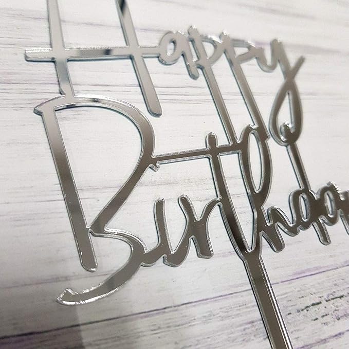 Happy Birthday Cake Topper for Birthday Party Decorations (Mirror Silver Acrylic)