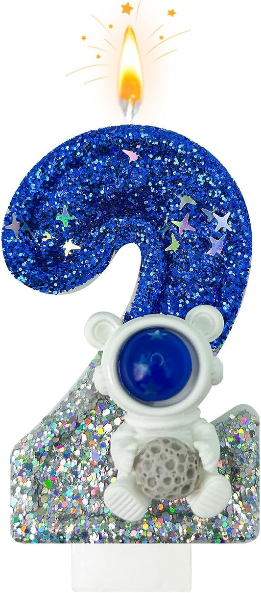 HXOUSE Astronaut 2nd Birthday Candle - Space Universe Sparkler 2 Candle for Birthday Cake Boy, Topper for Party Decorations Anniversary Celebrations (Number 2)