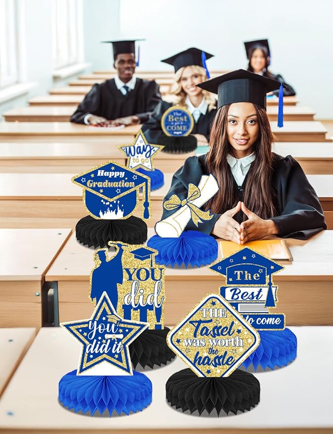 Graduation Centerpieces for Tables, 9Pcs Graduation Table Decorations, 3D Royal Blue Congrats Grad Honeycomb Centerpieces Table Toppers, Photo Props for Class of 2026 Grad Party Favors