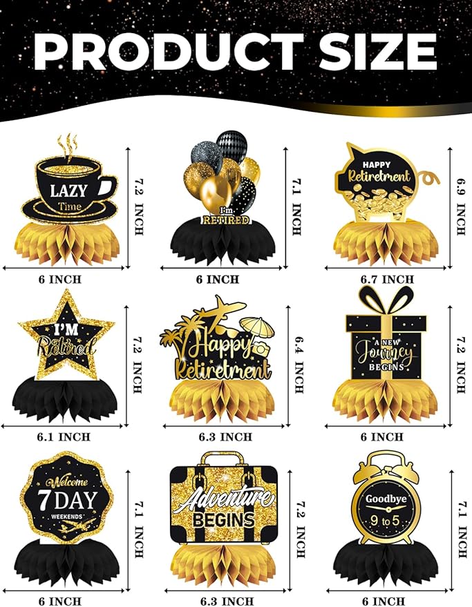 Retirement Party Table Decorations – 9PCS Black and Gold Retirement Centerpieces for Table, Happy Retirement Party Decorations for Office, Men and Women Farewell Decor