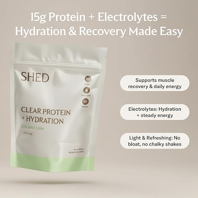 Clear Protein Powder with Electrolytes by Shed, 15g Whey Protein Isolate, Low Calorie and Lactose Free, Light and Clean Hydration Drink, Bloat-Free Post Workout Supplement, Coconut Lime (15 Servings)