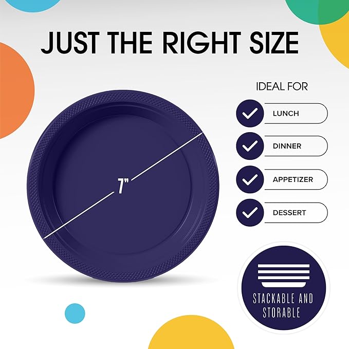Exquisite Party Solids Deep Purple Plastic Plates For Party Supplies 7" Deep Purple Disposable Plates Heavy Duty 50 Pcs Plastic Dinnerware Sets Heavy Duty 350 GSM Disposable Dinnerware Set
