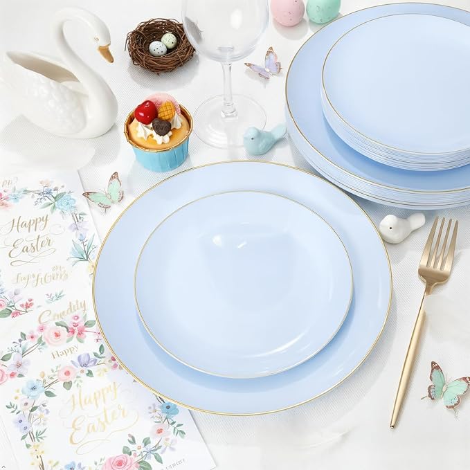 PULOTE 100PCS Blue Plastic Plates - Disposable Light Blue Include 50 Dinner & 50 Dessert/Salad Plates for Party, Wedding & Easter