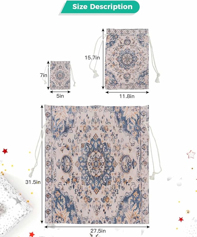 Floral Drawstring Gift Bags 1 Piece, 27.5" x 31.5" Large Vintage Boho Persian Tribal Style Flowers Gift Bag Reusable Fabric Wrap Bags for Wedding Party Birthday Christmas Holiday