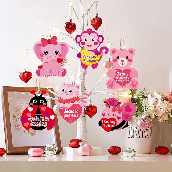 Yewfold 24Pcs Valentine's Day Religious Animal Craft Kit, Valentines Heart Jesus Sticker Crafts Make Your Own Christian Church Arts, DIY Home Sunday Project Activities