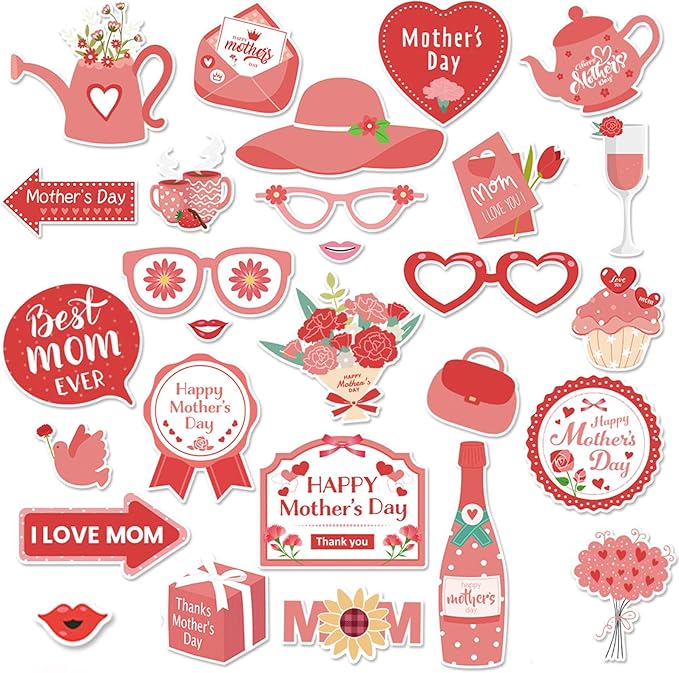 Generic 30 PCS Mother's Day Photo Booth Props Mom Selfie Decoration for Adults Kids Funny Photography Supplies, Mother's Day Photo Booth Props Kit for Mother's Day Party Decorations