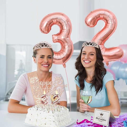 32 Birthday Decorations for Women, Including 32nd Birthday Sash and Tiara, Cake Topper and Candles, Number Balloons, 32 Year Old Gifts for Women
