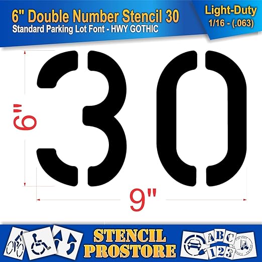 Pavement, Curb, and WheelStop Stencils - 6 inch Double Number Stencil - (30) - 6" x 9" x 1/16" (63 mil) - Light-Duty