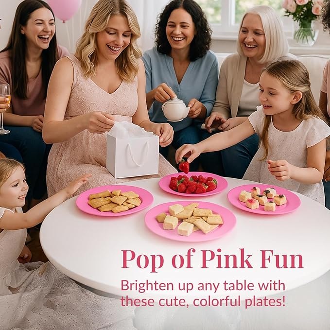 Prestee 50-pc Pink Plastic Plates - 25 Plastic Dinner Plate (10") + 25 Salad Small Plate (7") - Disposable Plate, Tea Party, Pink Party, Easter, Baby Shower Plates