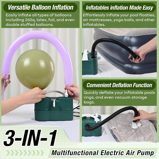 3-in-1 Electric Balloon Pump, Portable Air Pump for Latex 260q Foil Balloons, Dual Nozzle Balloon Blower Machine for Party Decoration, 110V AC Inflator Deflator for Inflatables Pool Floats Mattress