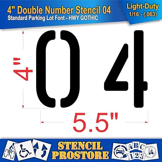 Pavement, Curb, and WheelStop Stencils - 4 inch Double Number Stencil - (04) - 4" x 5.5" x 1/16" (63 mil) - Light-Duty