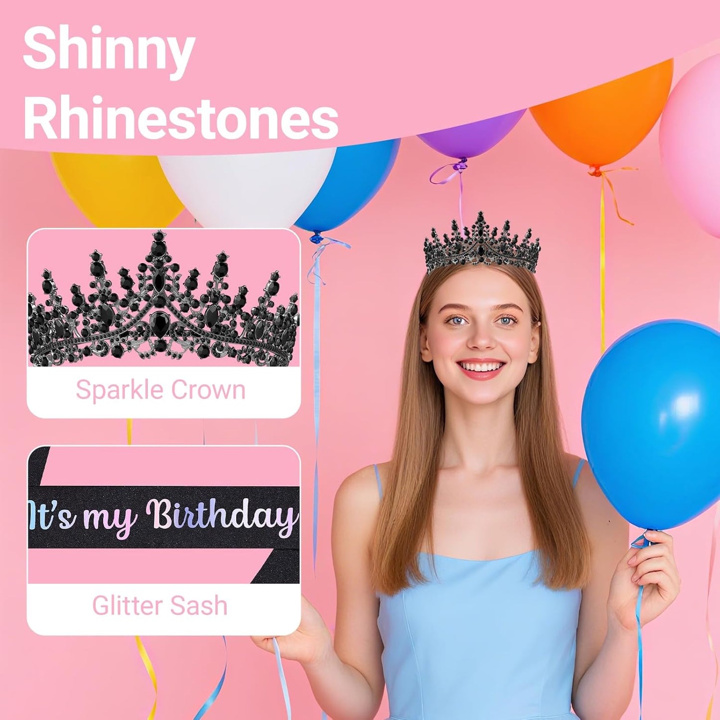 Birthday Tiara and Crown with Sash, Birthday Tiara for Women Party (Black)