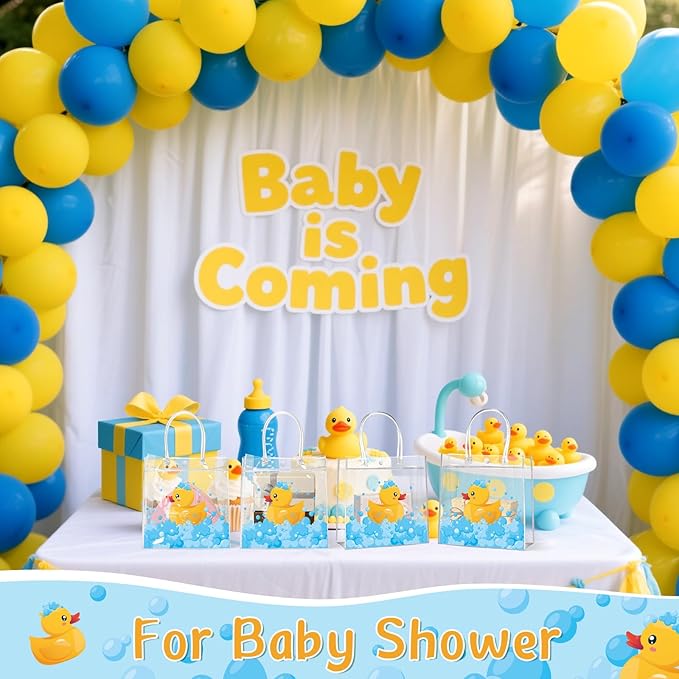 Aliceset 20 Pcs Duck Party Clear Favor Bags with Handles Rubber Duck Baby Shower Goodie Bags for Birthday Party Candy Treat Baby Shower Decoration Supplies, 8x8x3.15 Inch