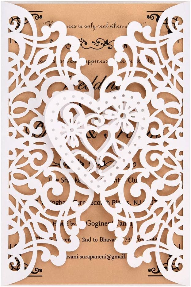 FOMTOR White Laser Cut Wedding Invitations Kits 50 Packs Laser Cut Wedding Invitations with Blank Printable Cards and Envelopes for Wedding,Birthday Parties,Baby Shower