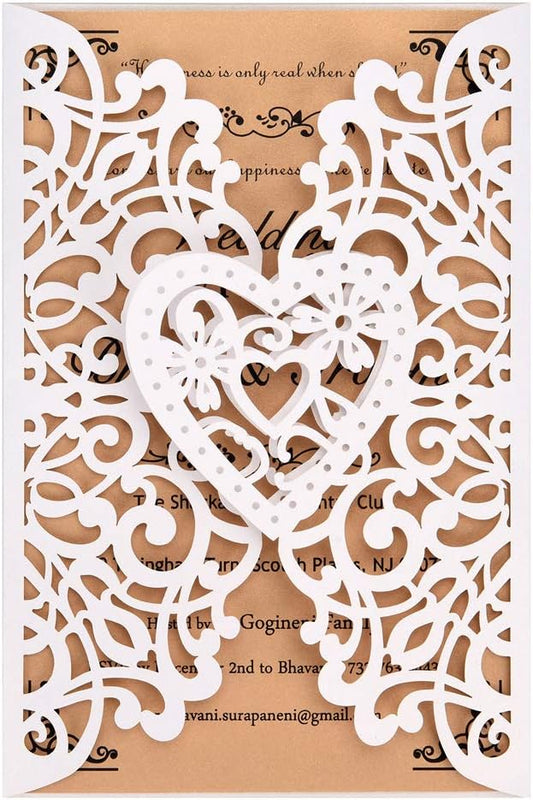 FOMTOR White Laser Cut Wedding Invitations Kits 50 Packs Laser Cut Wedding Invitations with Blank Printable Cards and Envelopes for Wedding,Birthday Parties,Baby Shower